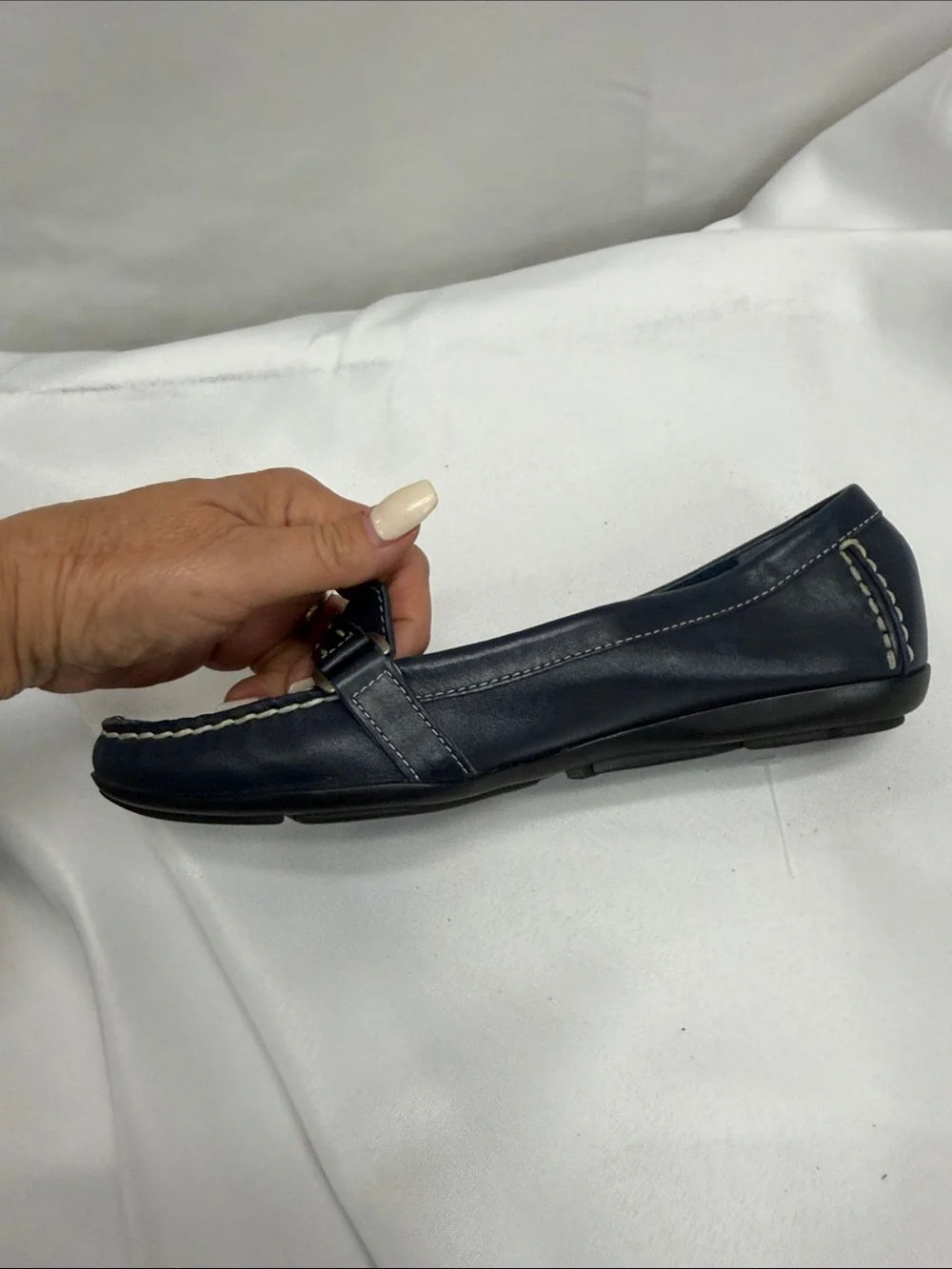 St. John's Bay Navy Leather Loafers with White Stitching